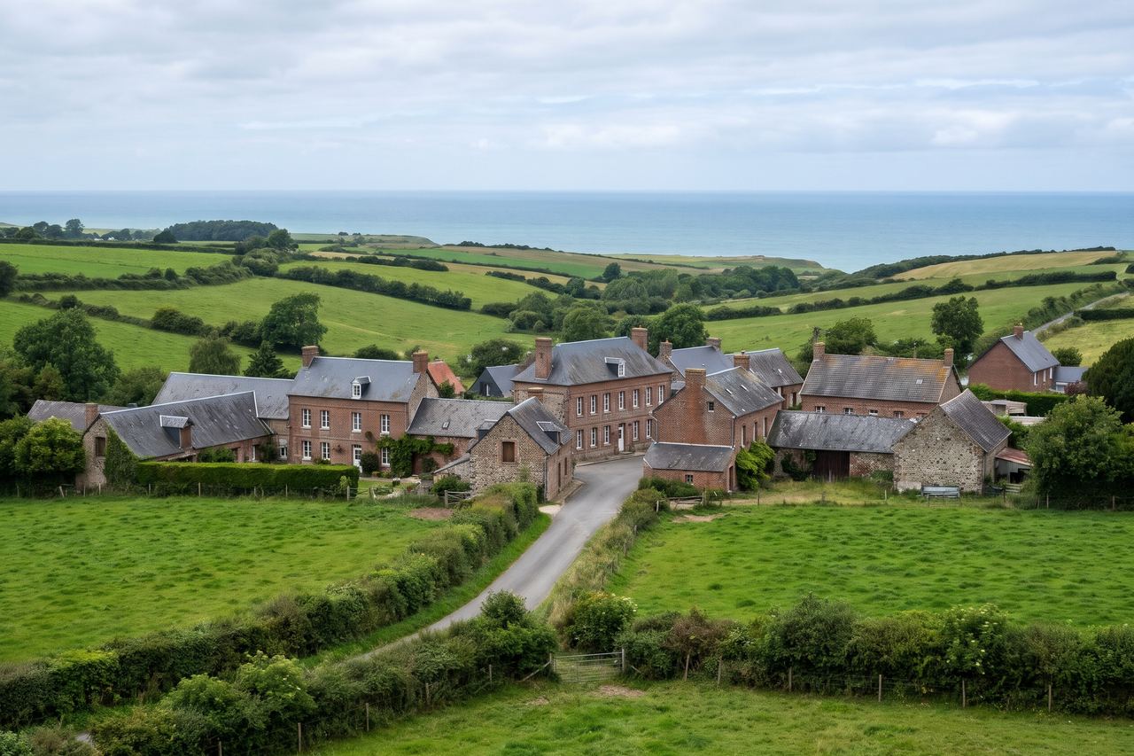 Wimille : campagne vallonnée et village, mer à l’horizon (image générée par IA)